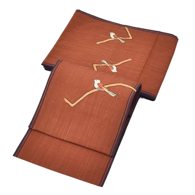 Vintage Japanese Obi | Sha-re Fukuro Obi | Brown Silk Tsumugi-ji | Sparrow Pattern | Otaiko | Sustainable | tt0800b