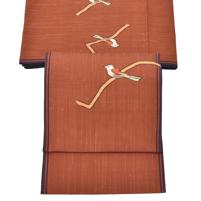 Vintage Japanese Obi | Sha-re Fukuro Obi | Brown Silk Tsumugi-ji | Sparrow Pattern | Otaiko | Sustainable | tt0800b