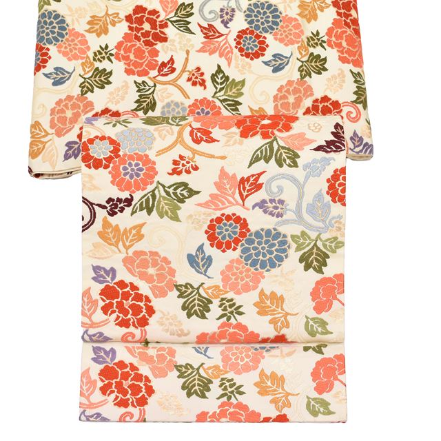 Vintage Japanese Obi | Fukuro Obi | Cream Silk | Floral Arabesque | Six-width | Kara-ori | Furisode | Sustainable | tt0801b