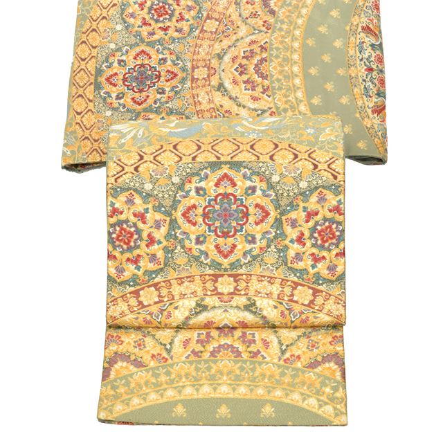 Vintage Japanese Obi | Fukuro Obi | Green Gold Silk | Floral Hishi Embroidery | Six-width | Furisode | Sustainable | tt0802b