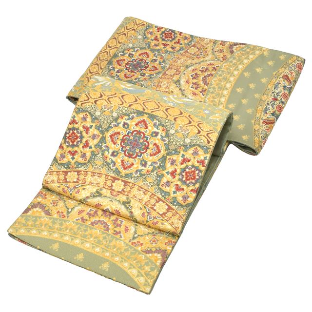 Vintage Japanese Obi | Fukuro Obi | Green Gold Silk | Floral Hishi Embroidery | Six-width | Furisode | Sustainable | tt0802b
