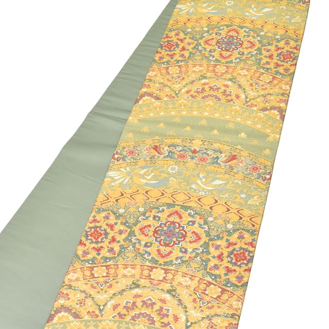 Vintage Japanese Obi | Fukuro Obi | Green Gold Silk | Floral Hishi Embroidery | Six-width | Furisode | Sustainable | tt0802b