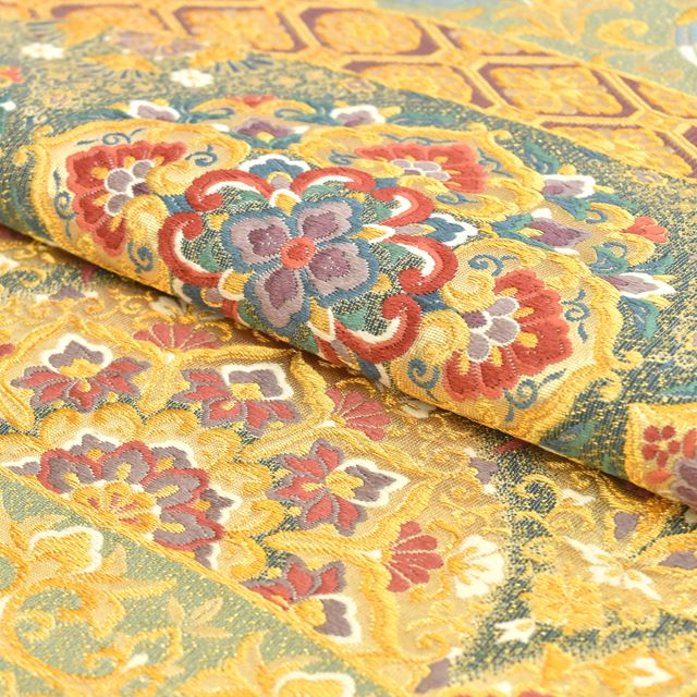 Vintage Japanese Obi | Fukuro Obi | Green Gold Silk | Floral Hishi Embroidery | Six-width | Furisode | Sustainable | tt0802b