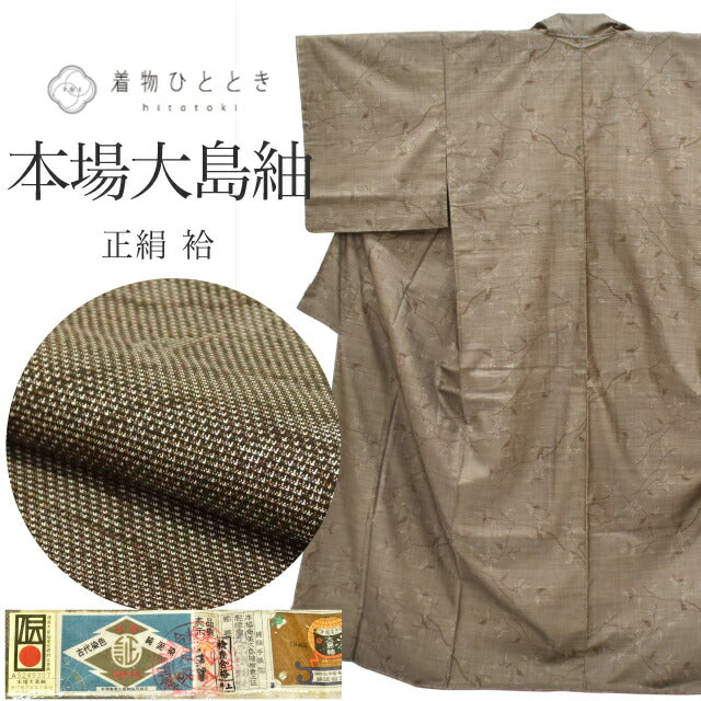 【中古】 大島紬 着物 正絹 リサイクル 裄65.5cm 身丈157.5cm 泥染め 美品 未使用品 仕立て上がり M 茶色系 植物文様 【 紬 紬の着物 リサイクル紬 正絹 袷 紬 着物 中古 古着 アウトレット 送料無料】tt0868b