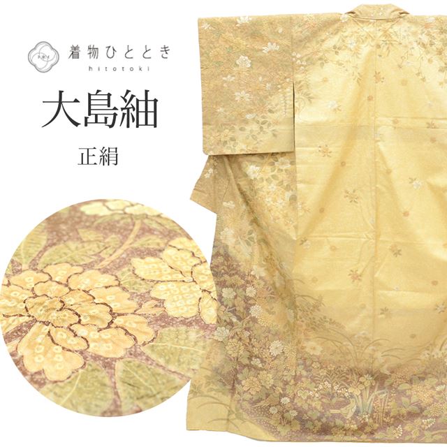 【中古】 大島紬 着物 正絹 リサイクル 裄64.5cm 身丈161.5cm 染大島 仕立て上がり L 茶色系 秋草花文様 絞り 紬 【 紬 紬の着物 リサイクル紬 正絹 袷 紬 着物 中古 古着 アウトレット 送料無料】tt0881b