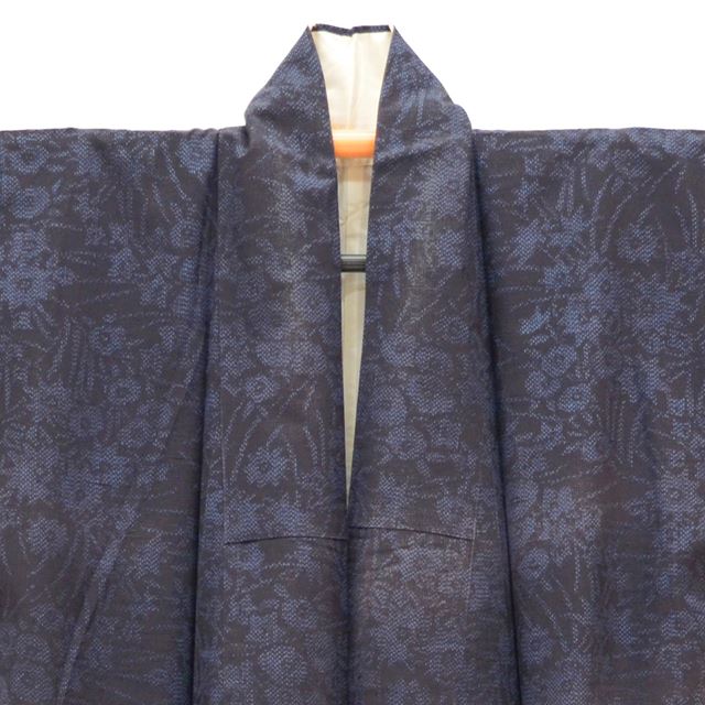 Vintage Japanese Kimono | Yuki Tsumugi | Navy Silk | Floral Pattern | UNESCO Heritage | Size L | Sustainable | tt0889b