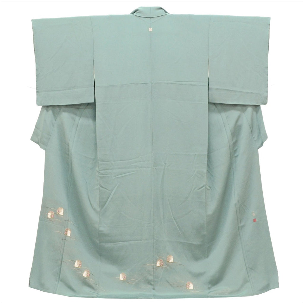 Vintage Japanese Kimono | Tsukesage | Green Silk | Reed Grass Rabbit | Matsuo Kouryu Artist | One Crest | Size L | Sustainable | tt1057b