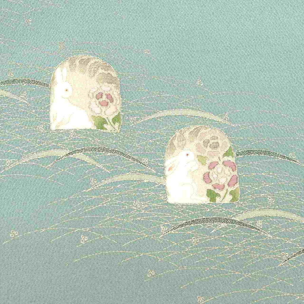Vintage Japanese Kimono | Tsukesage | Green Silk | Reed Grass Rabbit | Matsuo Kouryu Artist | One Crest | Size L | Sustainable | tt1057b