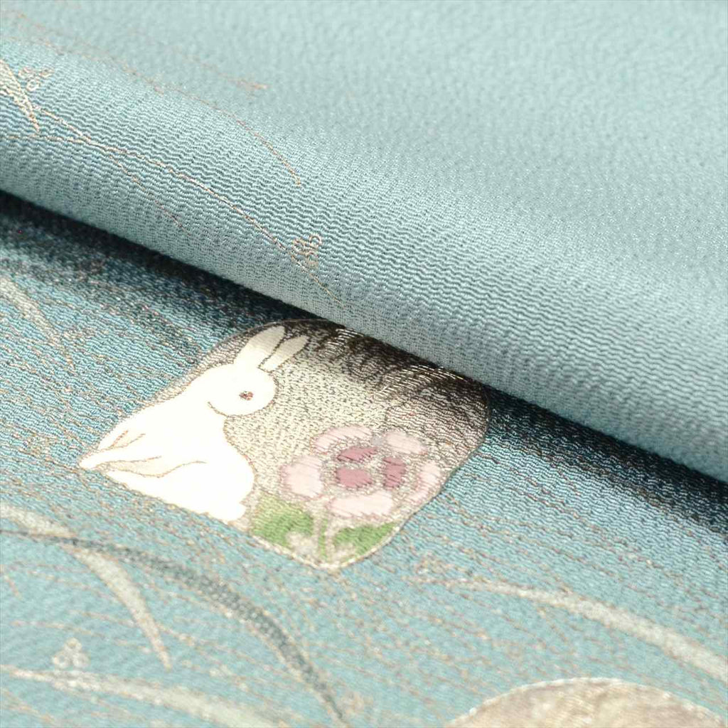 Vintage Japanese Kimono | Tsukesage | Green Silk | Reed Grass Rabbit | Matsuo Kouryu Artist | One Crest | Size L | Sustainable | tt1057b
