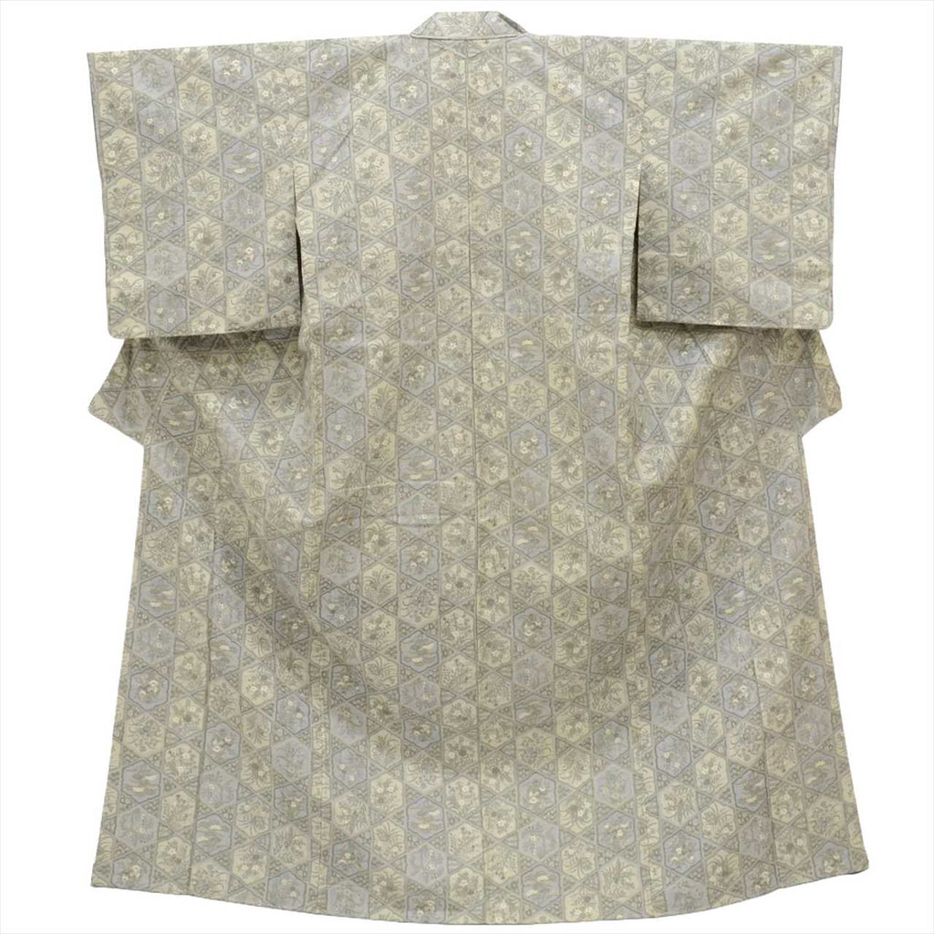 Vintage Japanese Kimono | Tsumugi | Gray Silk | Tortoiseshell Floral | Unused | Size M | Sustainable | tt1061b