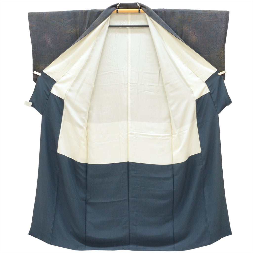 [Used] Komon (small patterned) recycled kimono, pure silk, length 155.0cm (61.0in), sleeve length 63.5cm (25.0in), size S, navy blue, floral pattern, crepe fabric, lined, high quality, semi-formal, spring, summer, autumn, winter, ready-made. 
