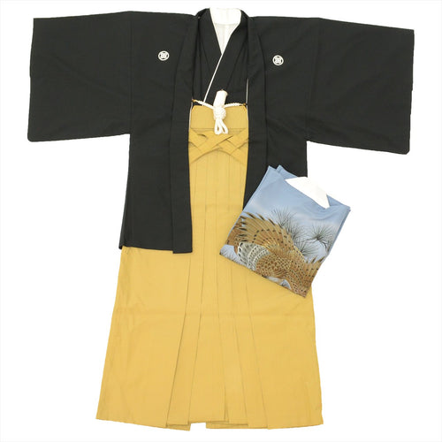 Vintage Japanese Hakama | Men's Montsuki Hakama Full Set | Black Synthetic | Five Crests | With Haori Himo | Sustainable | tt1146b