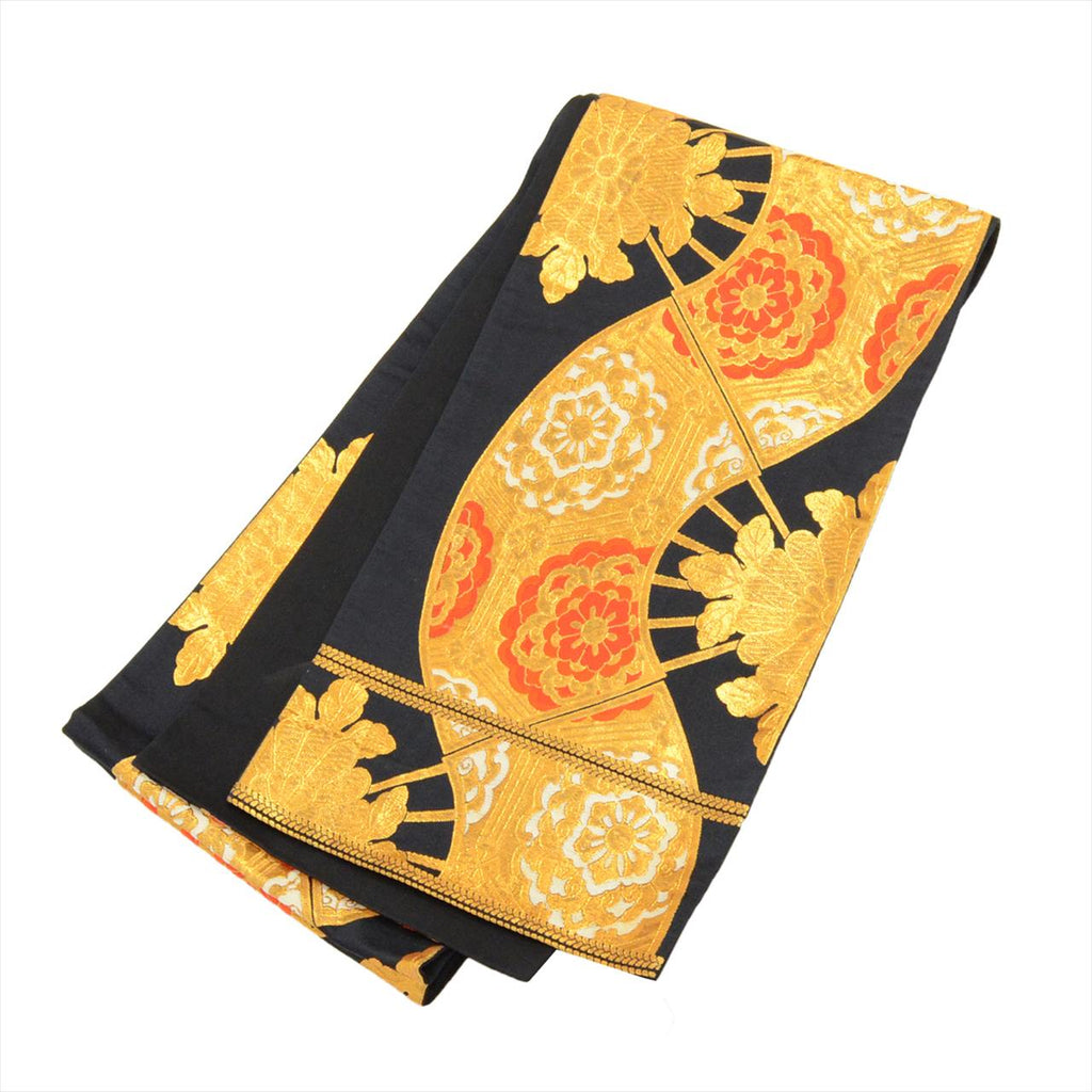 Vintage Japanese Obi | Girls Children's Fukuro Obi | Black Synthetic | Fan Floral | Junior | Sustainable | tt1163b