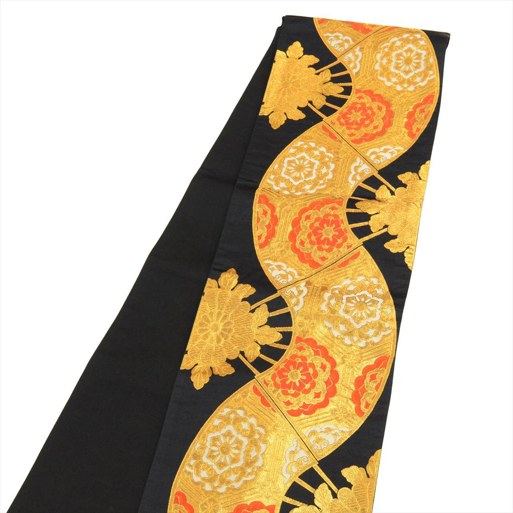Vintage Japanese Obi | Girls Children's Fukuro Obi | Black Synthetic | Fan Floral | Junior | Sustainable | tt1163b