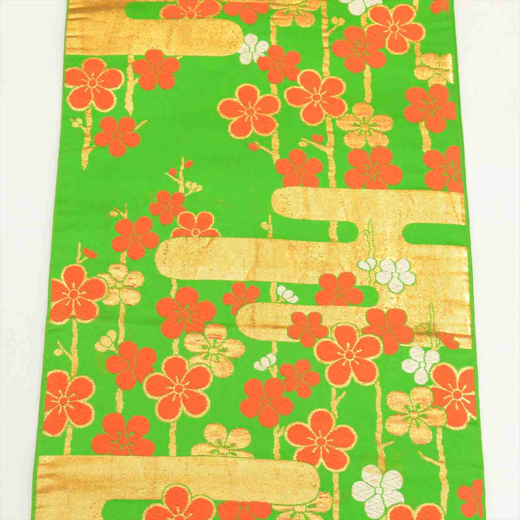 Vintage Japanese Obi | Girls Children's Fukuro Obi | Green Silk | E-gasumi Spear Plum | Junior | Sustainable | tt1167b