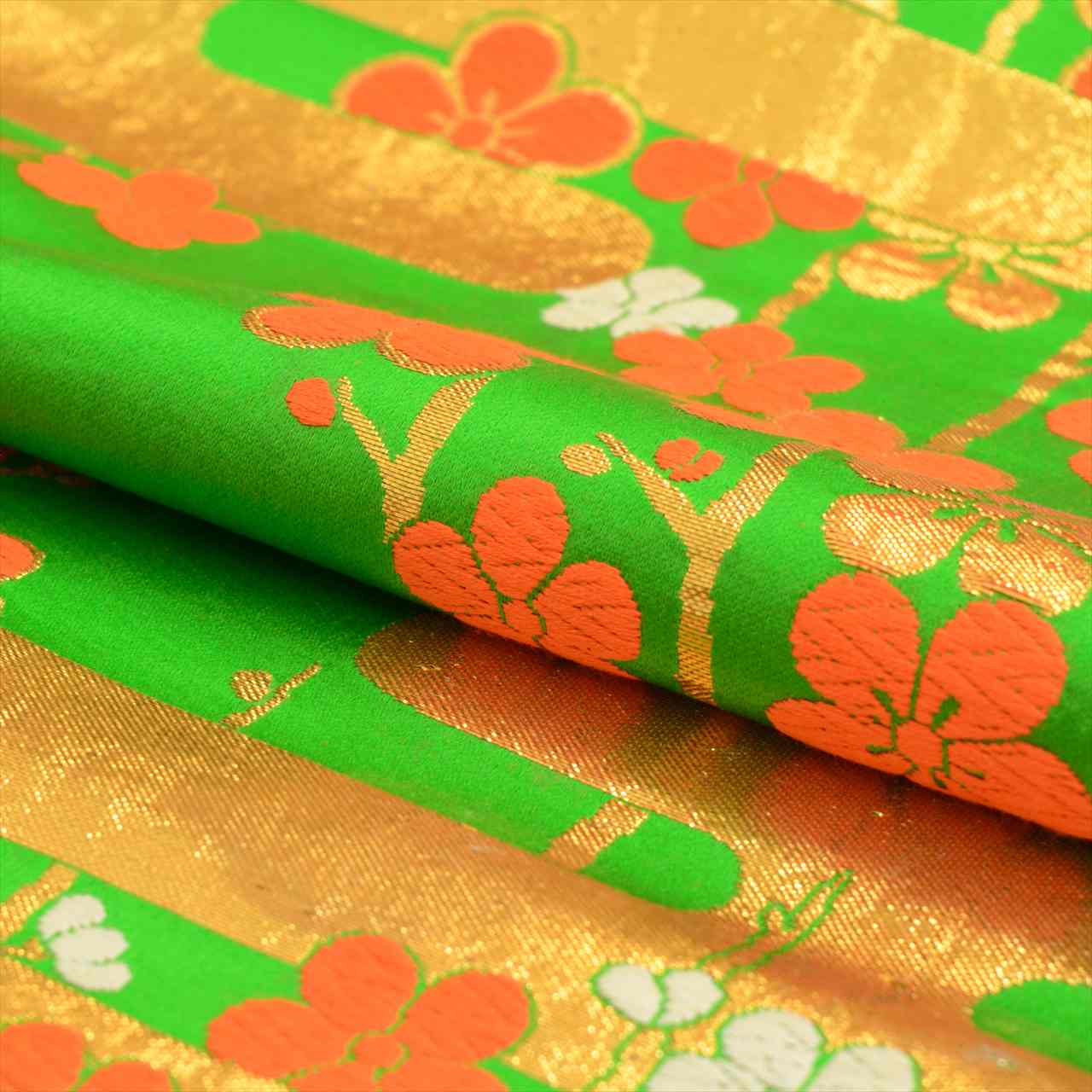 Vintage Japanese Obi | Girls Children's Fukuro Obi | Green Silk | E-gasumi Spear Plum | Junior | Sustainable | tt1167b