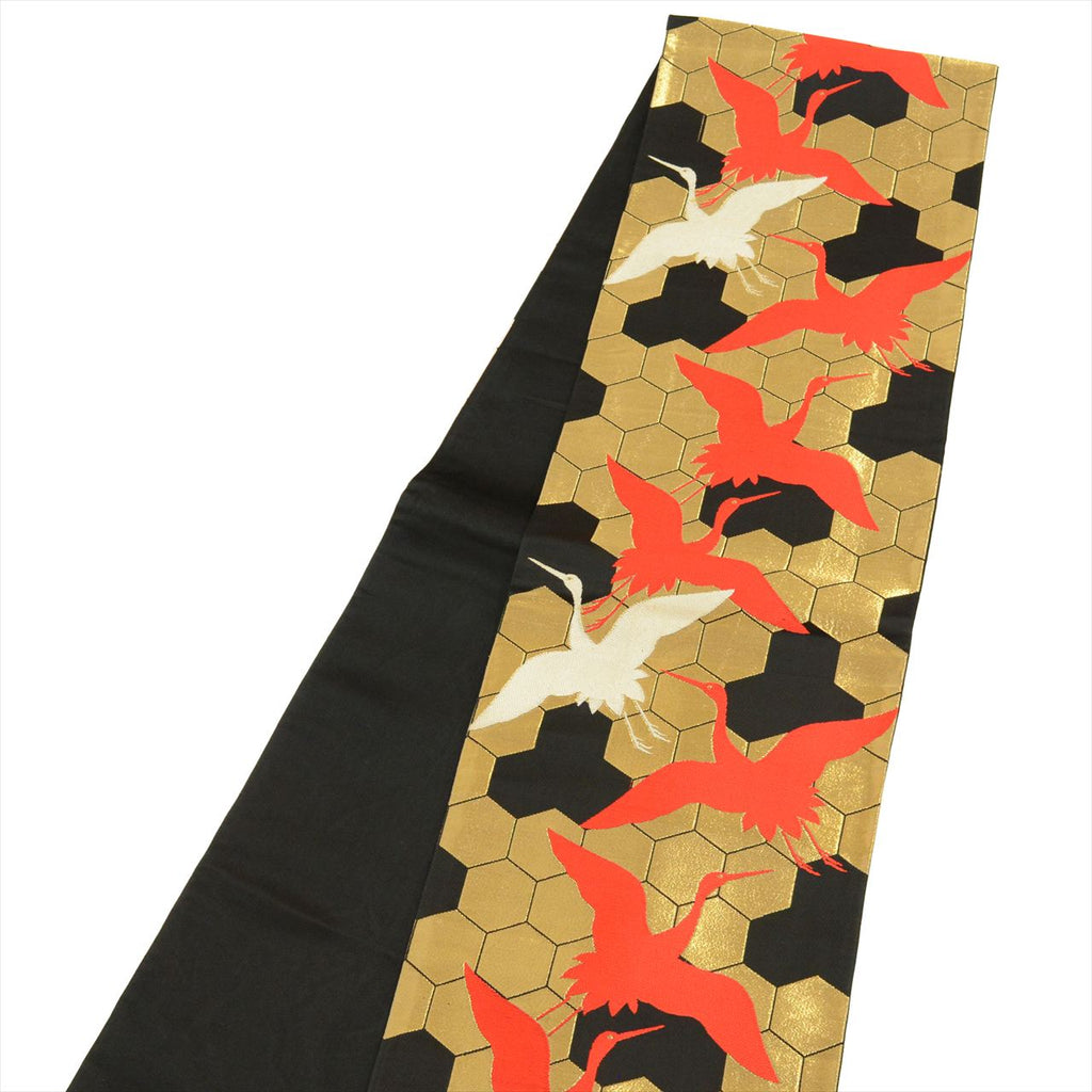 Vintage Japanese Obi | Girls Children's Fukuro Obi | Black Silk | Crane Pattern | Junior | Sustainable | tt1168b