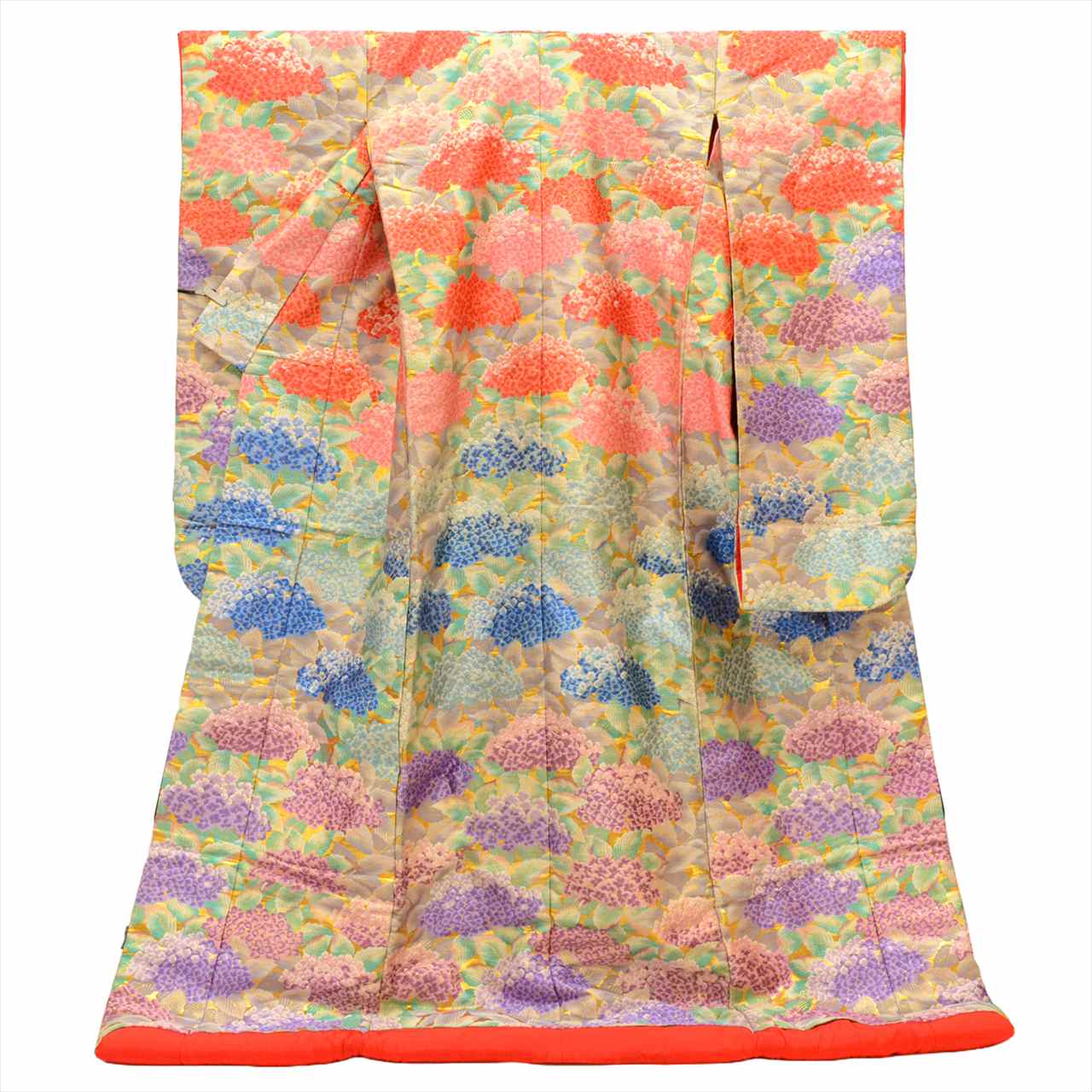[Used] Silk Uchikake (wedding kimono), 198.0cm (78.0in) length (LL size), 66.5cm (26.2in) sleeve length, recycled kimono, gold, red, blue, purple tones, hydrangea pattern, Tang-style weaving, gold leaf, tt1173b [Japanese clothing, outlet, kimono] 