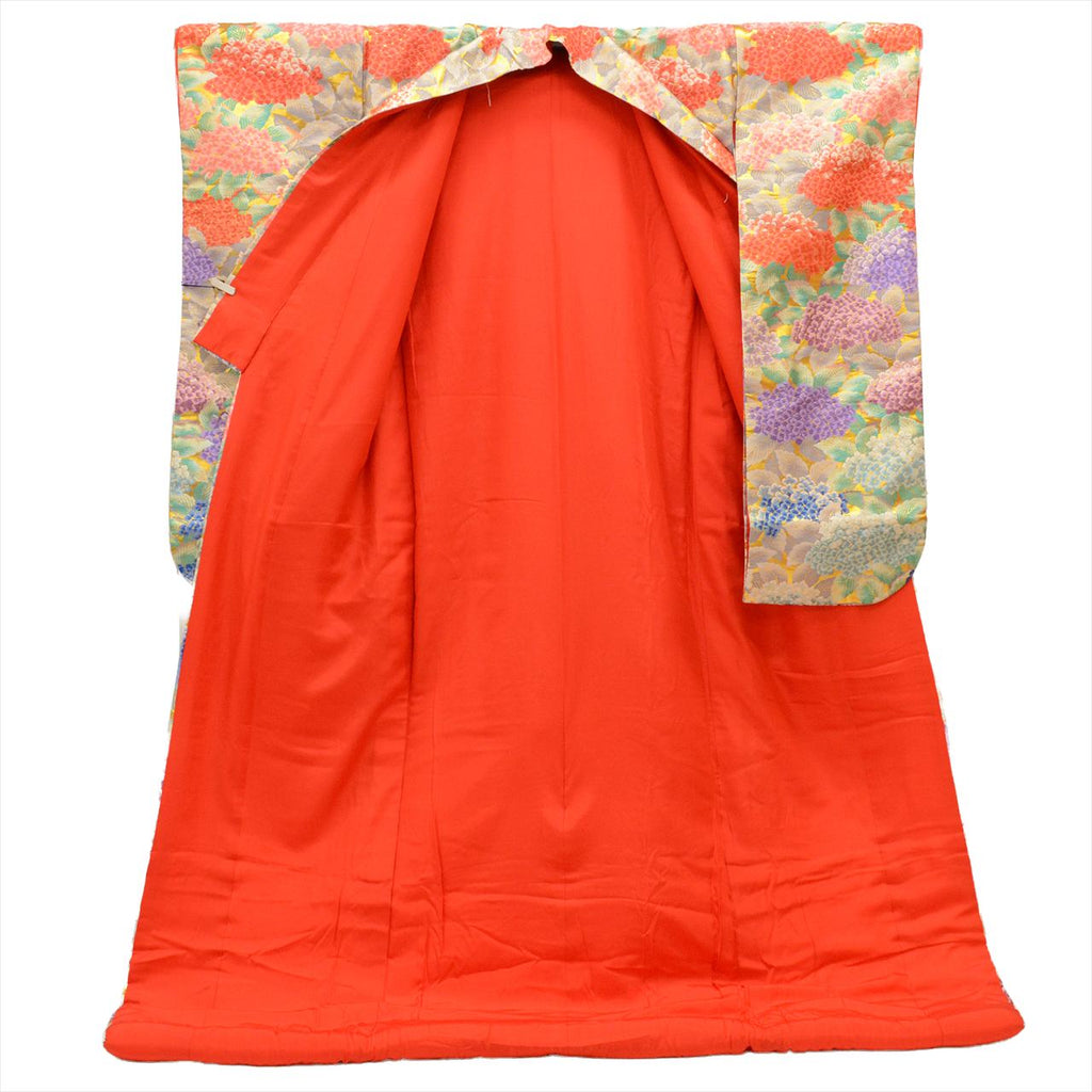 [Used] Silk Uchikake (wedding kimono), 198.0cm (78.0in) length (LL size), 66.5cm (26.2in) sleeve length, recycled kimono, gold, red, blue, purple tones, hydrangea pattern, Tang-style weaving, gold leaf, tt1173b [Japanese clothing, outlet, kimono] 