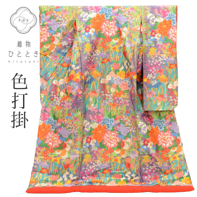 【中古】 色打掛 正絹 身丈195cm L 裄丈67cm リサイクル着物 紫色系 四季花文様 唐織 引き箔 tt1175b[ 和服 アウトレット きもの kimono ]
