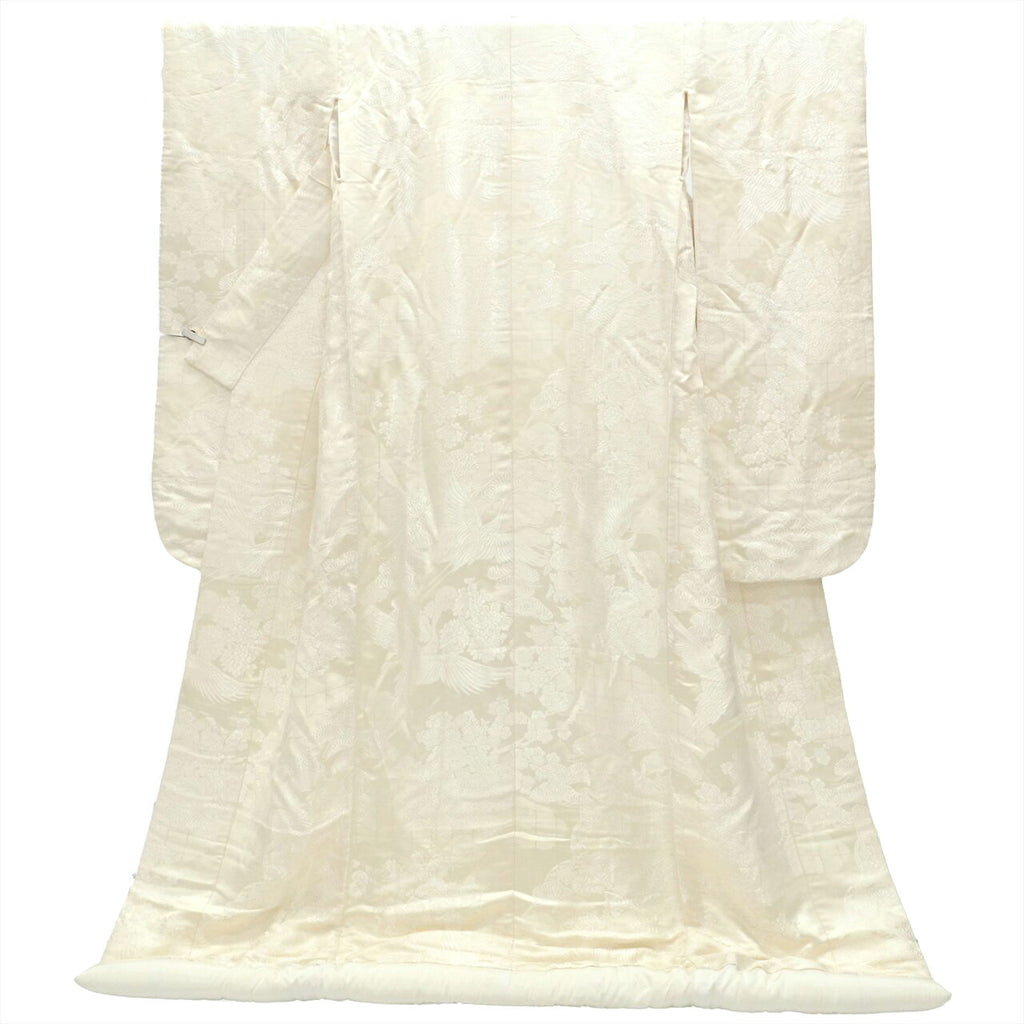 Vintage Japanese Kimono | Shiromuku | Cream Silk | Crane Goshoguruma Kara-ori | Bridal | Size L | Sustainable | tt1179b