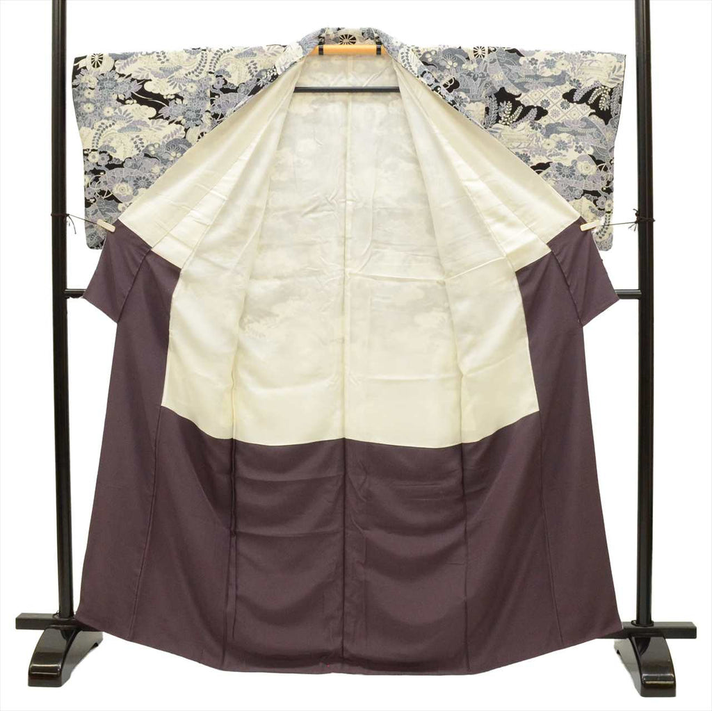 [Used] Komon (small patterned) recycled kimono, pure silk, length 154.5cm (60.8in) (size S), sleeve length 67.0cm (26.4in), white, landscape and floral pattern, crepe fabric, lined, high quality, semi-formal, spring, summer, autumn, winter, ready-made. 
