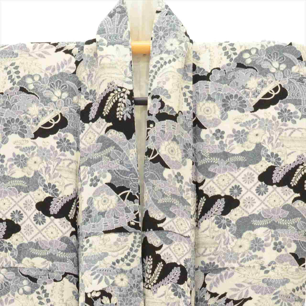 [Used] Komon (small patterned) recycled kimono, pure silk, length 154.5cm (60.8in) (size S), sleeve length 67.0cm (26.4in), white, landscape and floral pattern, crepe fabric, lined, high quality, semi-formal, spring, summer, autumn, winter, ready-made. 