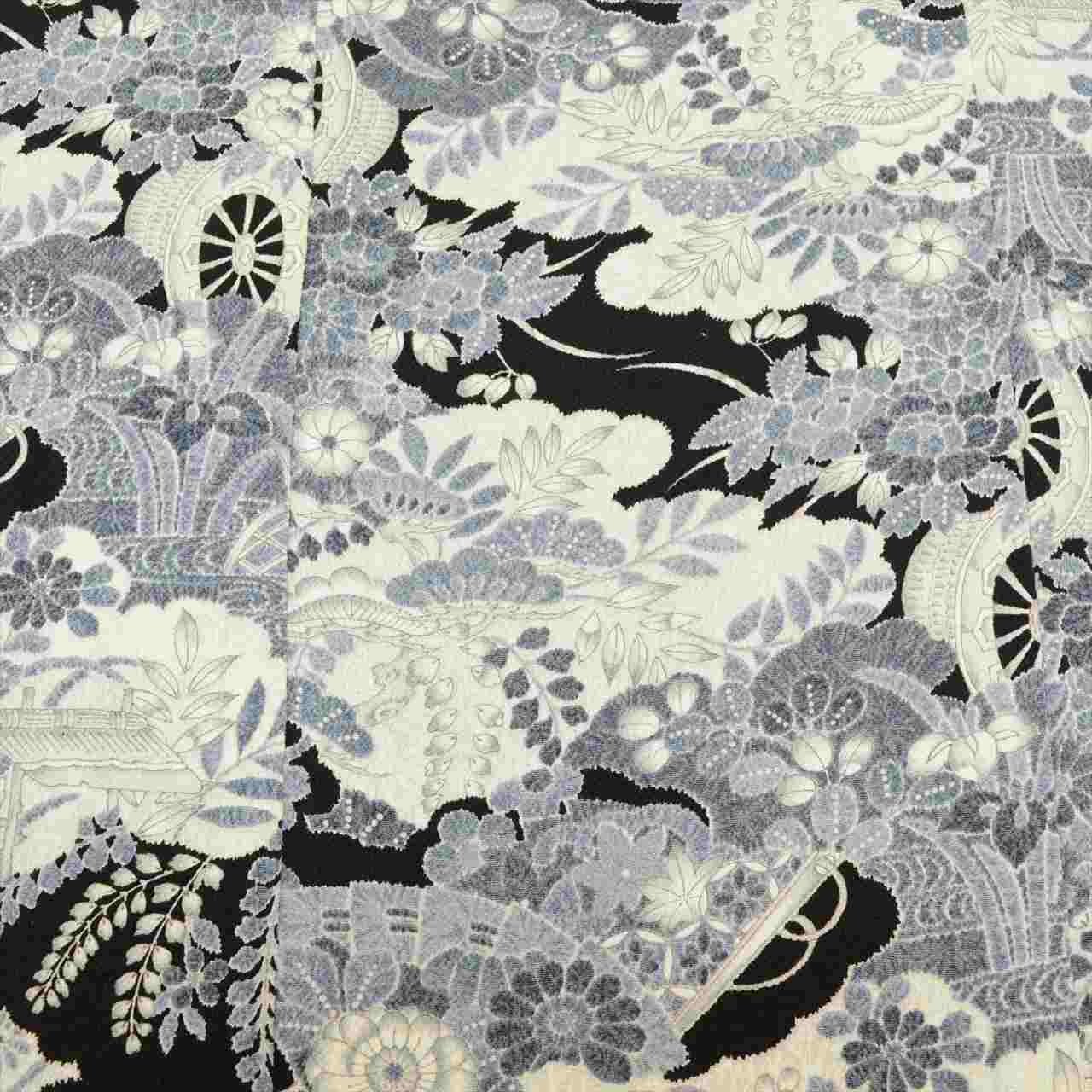 [Used] Komon (small patterned) recycled kimono, pure silk, length 154.5cm (60.8in) (size S), sleeve length 67.0cm (26.4in), white, landscape and floral pattern, crepe fabric, lined, high quality, semi-formal, spring, summer, autumn, winter, ready-made. 