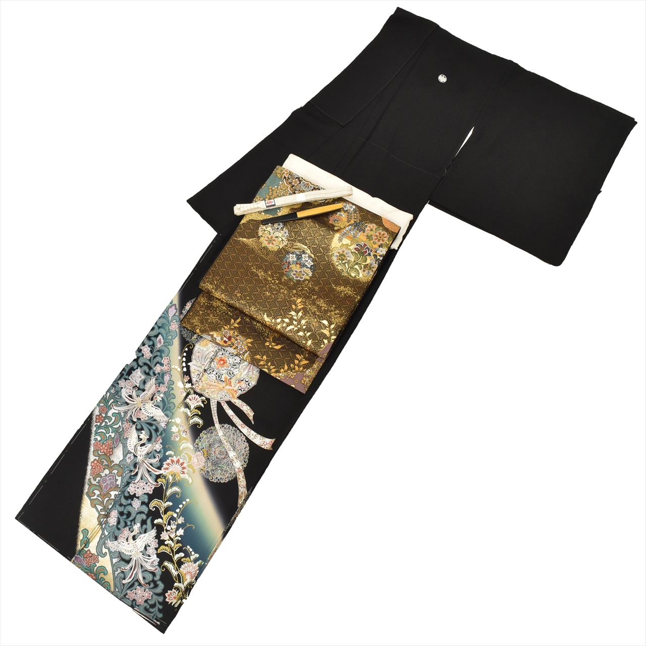 Vintage Japanese Obi | Kuro-Tomesode & Fukuro Obi Set | Black Silk | Phoenix Floral | Five Crests | With Accessories | Sustainable | tt1195b