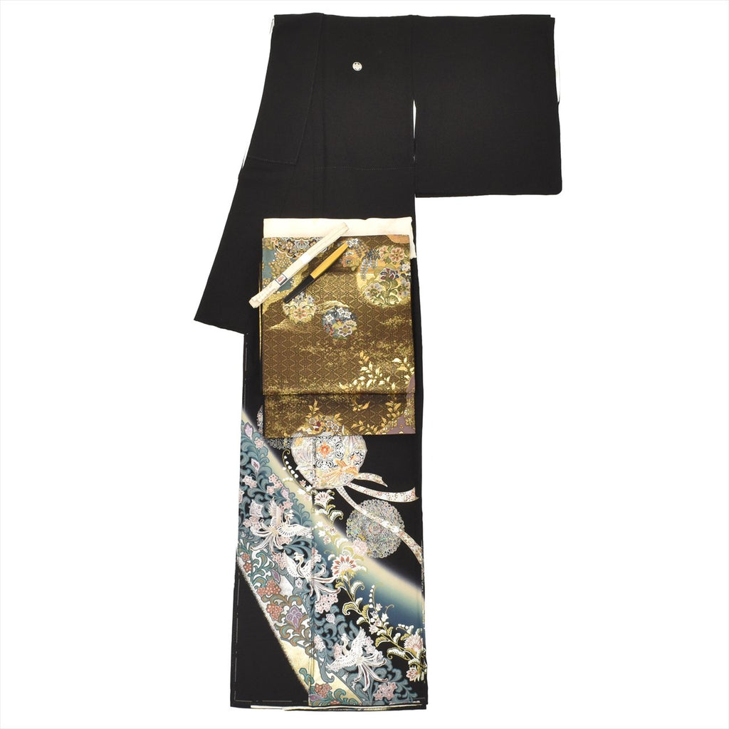 Vintage Japanese Obi | Kuro-Tomesode & Fukuro Obi Set | Black Silk | Phoenix Floral | Five Crests | With Accessories | Sustainable | tt1195b