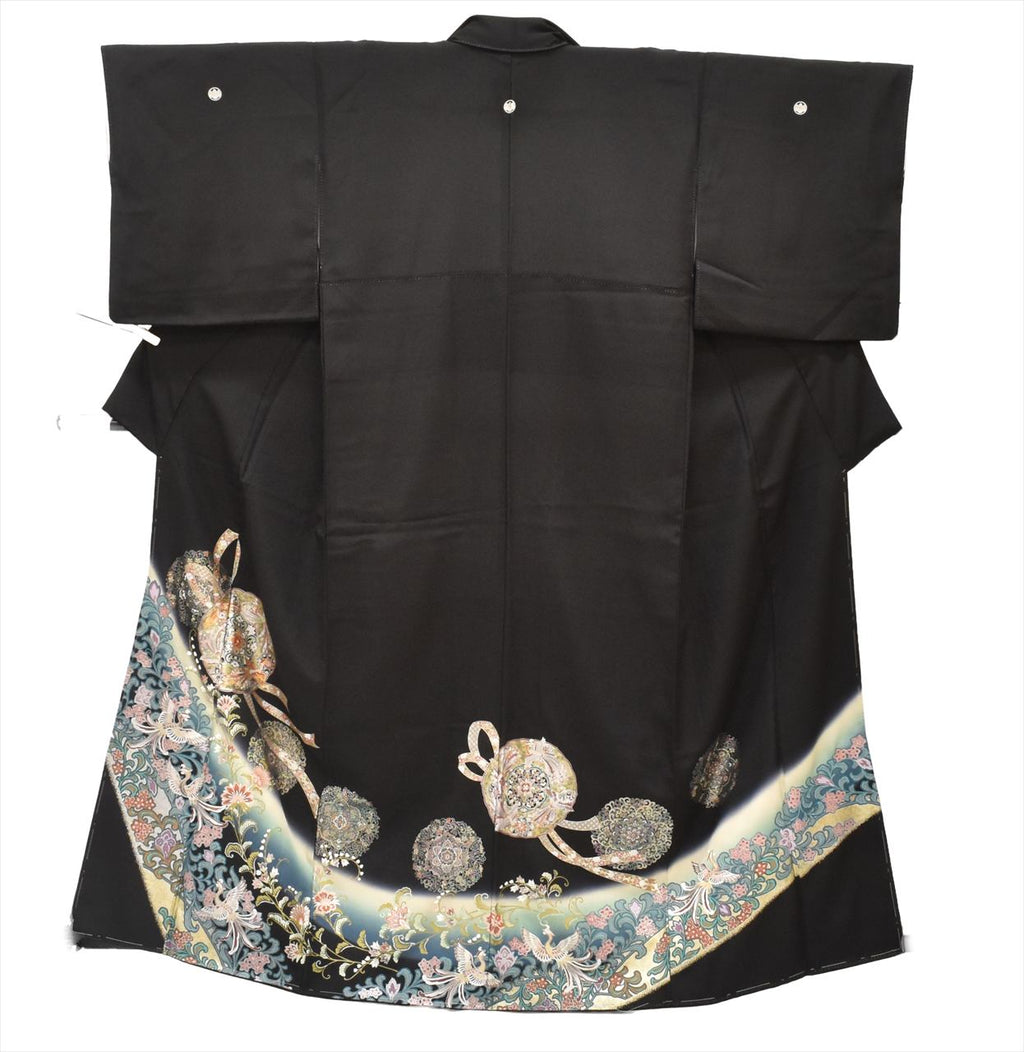 Vintage Japanese Obi | Kuro-Tomesode & Fukuro Obi Set | Black Silk | Phoenix Floral | Five Crests | With Accessories | Sustainable | tt1195b
