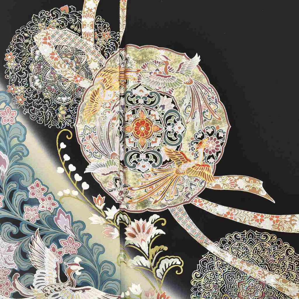 Vintage Japanese Obi | Kuro-Tomesode & Fukuro Obi Set | Black Silk | Phoenix Floral | Five Crests | With Accessories | Sustainable | tt1195b