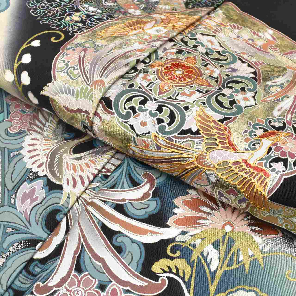 Vintage Japanese Obi | Kuro-Tomesode & Fukuro Obi Set | Black Silk | Phoenix Floral | Five Crests | With Accessories | Sustainable | tt1195b