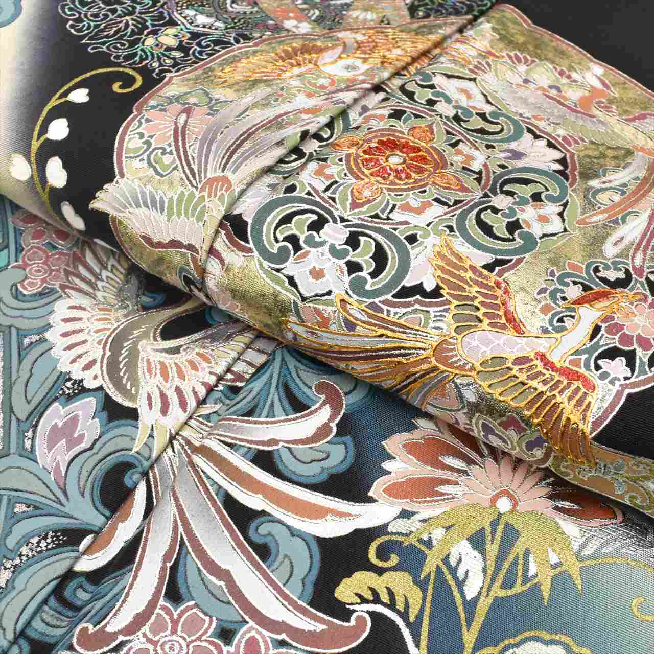 Vintage Japanese Obi | Kuro-Tomesode & Fukuro Obi Set | Black Silk | Phoenix Floral | Five Crests | With Accessories | Sustainable | tt1195b