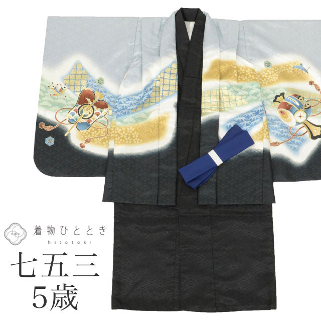 【中古】 七五三 男の子 5歳 2点セット 化繊 着物 羽織 仕立て上がり 身丈90cm 裄丈45.5cm 黒色系 鷹文様 刺繍 金糸文様 和柄 和装 tt1229b[ 和服 節句 子供 アウトレット きもの kimono ]