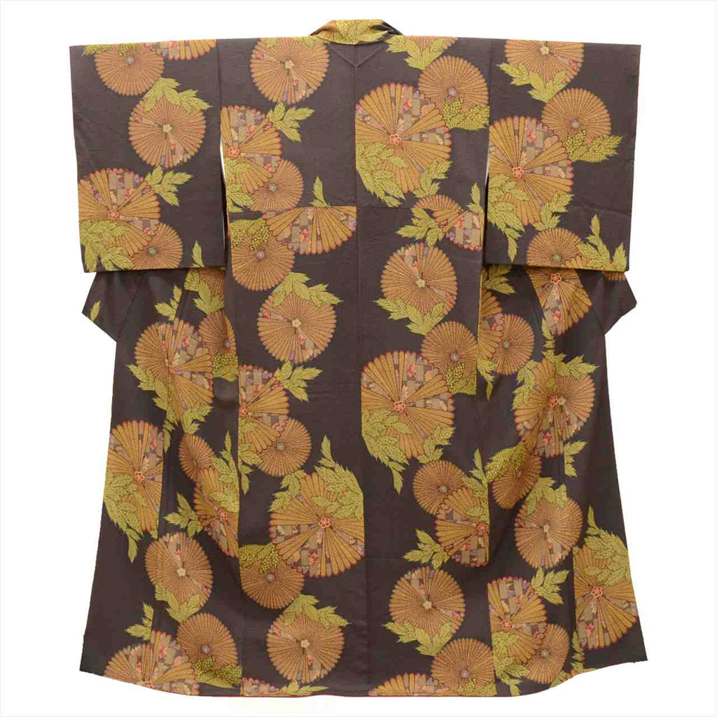 [Used] Komon (small patterned) recycled kimono, pure silk, length 159.5cm (M), sleeve length 66.5cm, excellent condition, brown tones, chrysanthemum pattern, crepe fabric, lined, high quality, semi-formal, spring, summer, autumn, winter, ready-made. 