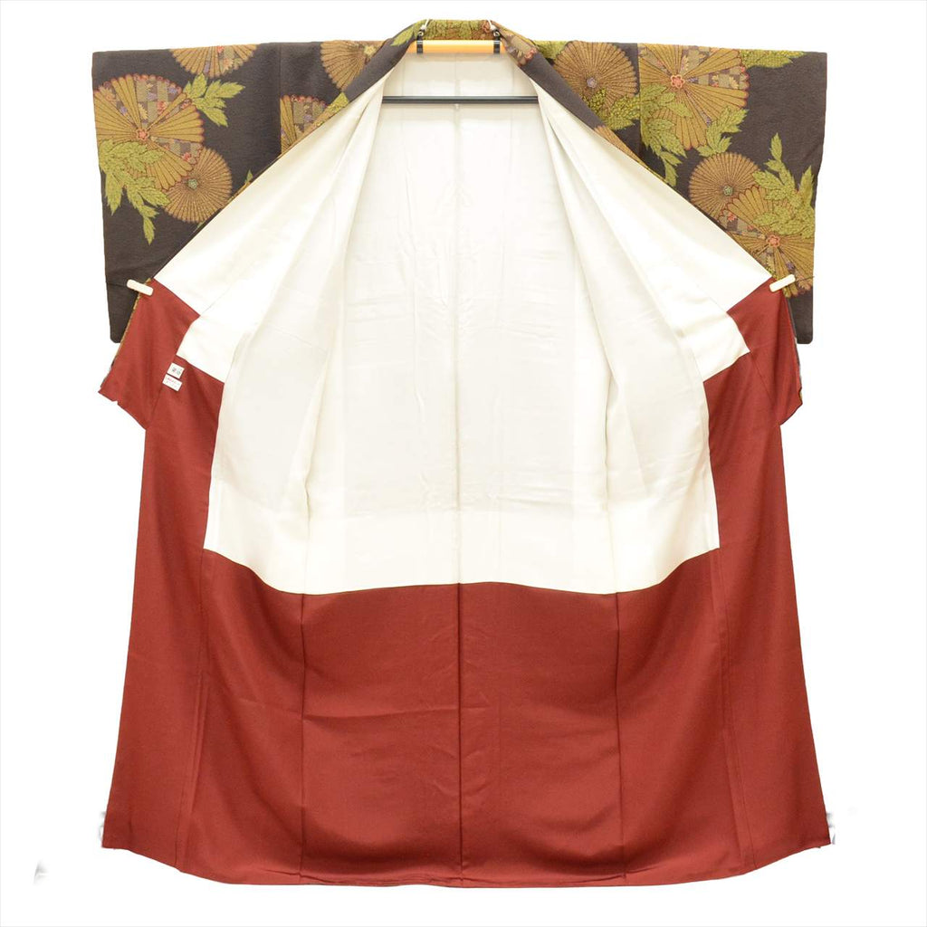 [Used] Komon (small patterned) recycled kimono, pure silk, length 159.5cm (M), sleeve length 66.5cm, excellent condition, brown tones, chrysanthemum pattern, crepe fabric, lined, high quality, semi-formal, spring, summer, autumn, winter, ready-made. 