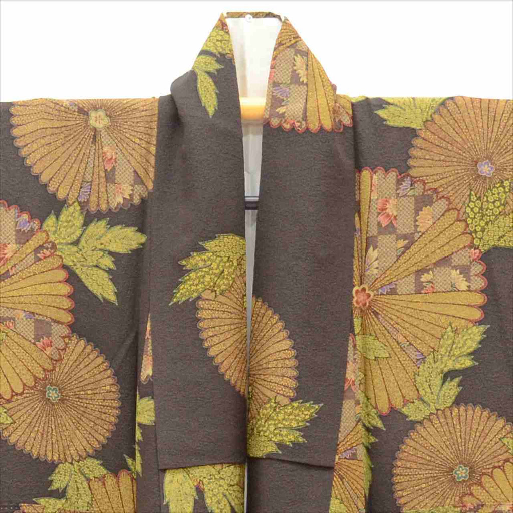[Used] Komon (small patterned) recycled kimono, pure silk, length 159.5cm (M), sleeve length 66.5cm, excellent condition, brown tones, chrysanthemum pattern, crepe fabric, lined, high quality, semi-formal, spring, summer, autumn, winter, ready-made. 