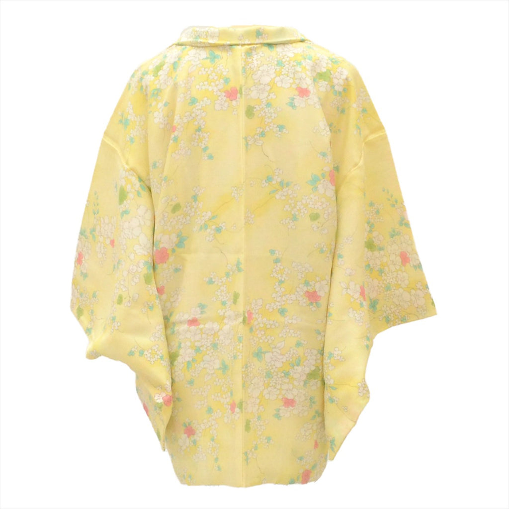 [Used] Haori (Japanese jacket), synthetic fiber, recycled, length 76cm, sleeve length 64.5cm, yellow with floral pattern, tt1369b [Japanese clothing, casual kimono, outlet, retro, antique, affordable, stylish, everyday wear, practice wear, outlet, kimono] 