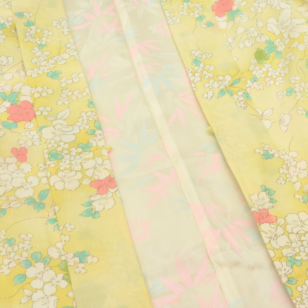 [Used] Haori (Japanese jacket), synthetic fiber, recycled, length 76cm, sleeve length 64.5cm, yellow with floral pattern, tt1369b [Japanese clothing, casual kimono, outlet, retro, antique, affordable, stylish, everyday wear, practice wear, outlet, kimono] 