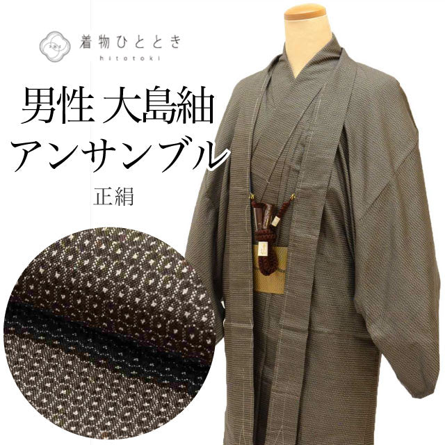 【中古】 大島紬 着物 正絹 リサイクル 身丈136cm M 裄67cm 羽織 セット アンサンブル 男性 茶色系 亀甲絣文様 角帯 羽織紐 半衿 付き 【 紬 紬の着物 リサイクル紬 正絹 袷 紬 着物 中古 古着 アウトレット 送料無料】tt1383b