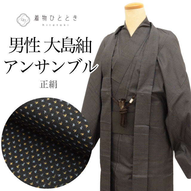 【中古】 大島紬 正絹 身丈141cm M 裄66cm アンサンブル 男性 羽織 セット 黒色系 絣文様 角帯 羽織紐付き メンズ tt1478b [ 和服 カジュアル着物 アウトレット レトロ アンティーク プチプラ お洒落 普段着 お稽古 アウトレット きもの kimono ]