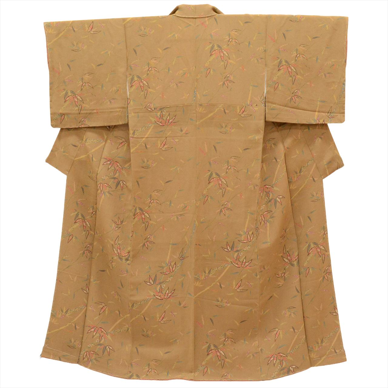 [Used] Komon (small patterned) recycled kimono, pure silk, length 154cm (size S), sleeve length 64.7cm, unused, brown tones, bamboo leaf pattern, crepe fabric, lined, high quality, semi-formal, spring, summer, autumn, winter, ready-made. 