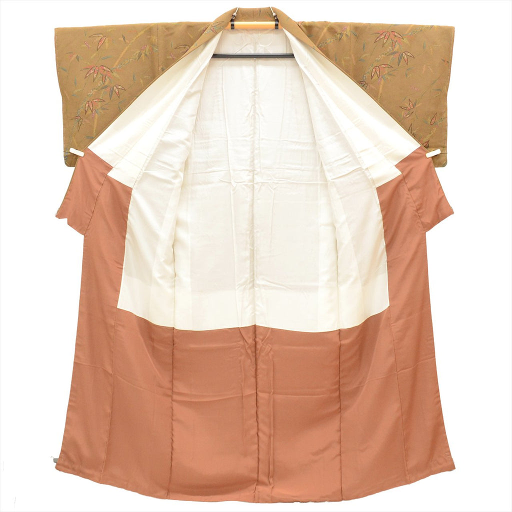[Used] Komon (small patterned) recycled kimono, pure silk, length 154cm (size S), sleeve length 64.7cm, unused, brown tones, bamboo leaf pattern, crepe fabric, lined, high quality, semi-formal, spring, summer, autumn, winter, ready-made. 