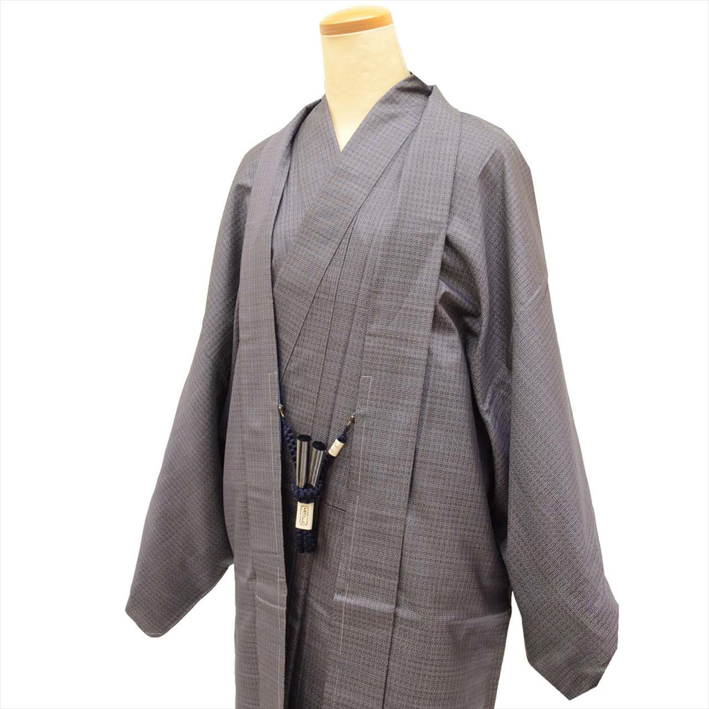 [Used] Oshima Tsumugi Set, Length 143cm, Size L, Sleeve Length 68.5cm, Men's, Authentic Amami Oshima Tsumugi, Handwoven Kimono and Haori Set, Pure Silk, Ready-made, Unused, Purple Stripe Pattern, with Haori Cord and Certificate of Authenticity, tt1626b 