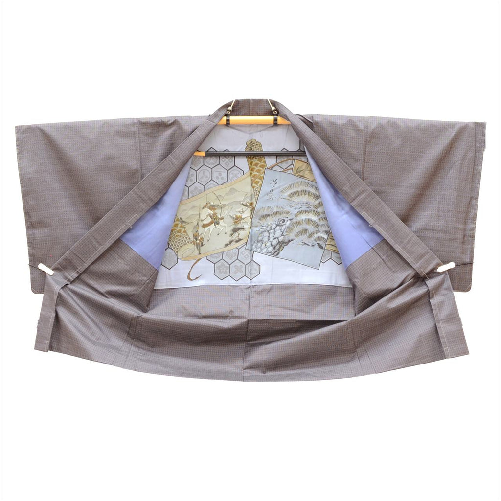 [Used] Oshima Tsumugi Set, Length 143cm, Size L, Sleeve Length 68.5cm, Men's, Authentic Amami Oshima Tsumugi, Handwoven Kimono and Haori Set, Pure Silk, Ready-made, Unused, Purple Stripe Pattern, with Haori Cord and Certificate of Authenticity, tt1626b 