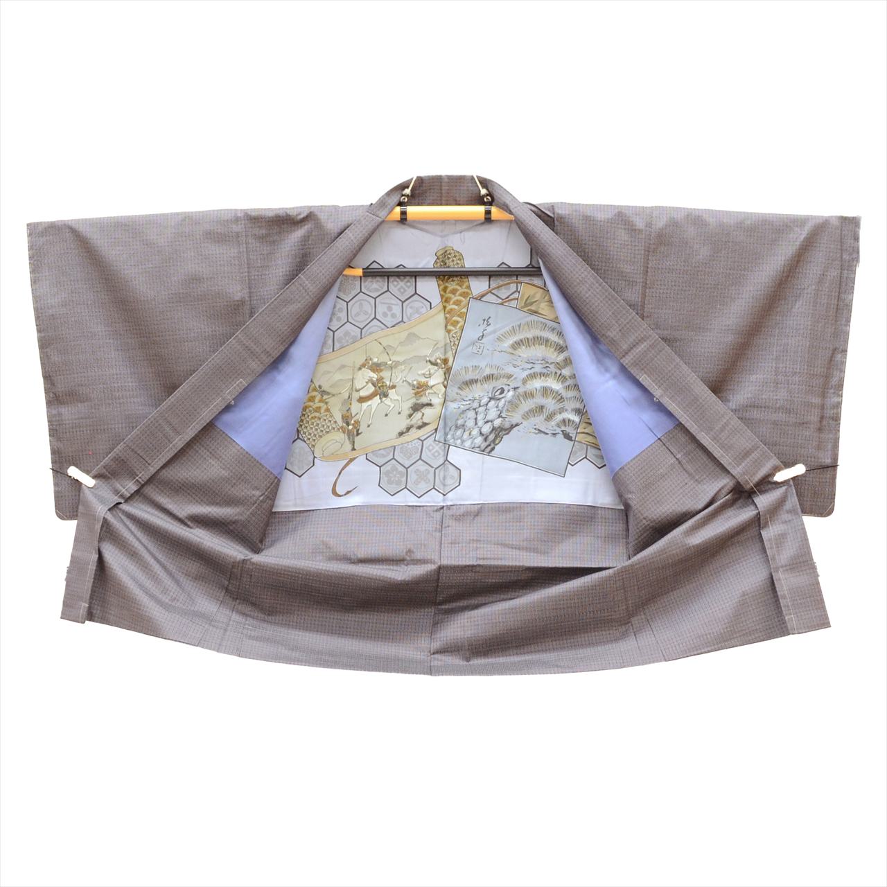 [Used] Oshima Tsumugi Set, Length 143cm, Size L, Sleeve Length 68.5cm, Men's, Authentic Amami Oshima Tsumugi, Handwoven Kimono and Haori Set, Pure Silk, Ready-made, Unused, Purple Stripe Pattern, with Haori Cord and Certificate of Authenticity, tt1626b 