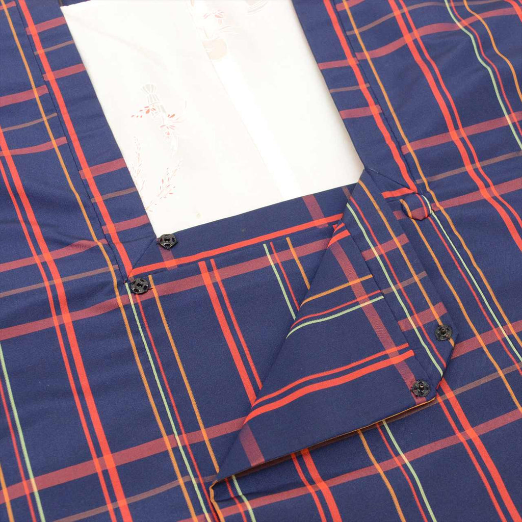 [Used] Recycled Kimono, Silk Kimono, Michiyuki Coat (Oshima Tsumugi style), Length 160.5cm (M), Sleeve Length 64.5cm, Ensemble, Synthetic Fiber, Navy Blue, Checkered Pattern, High Quality, Semi-Formal, Spring, Summer, Autumn, Winter, Ready-made 