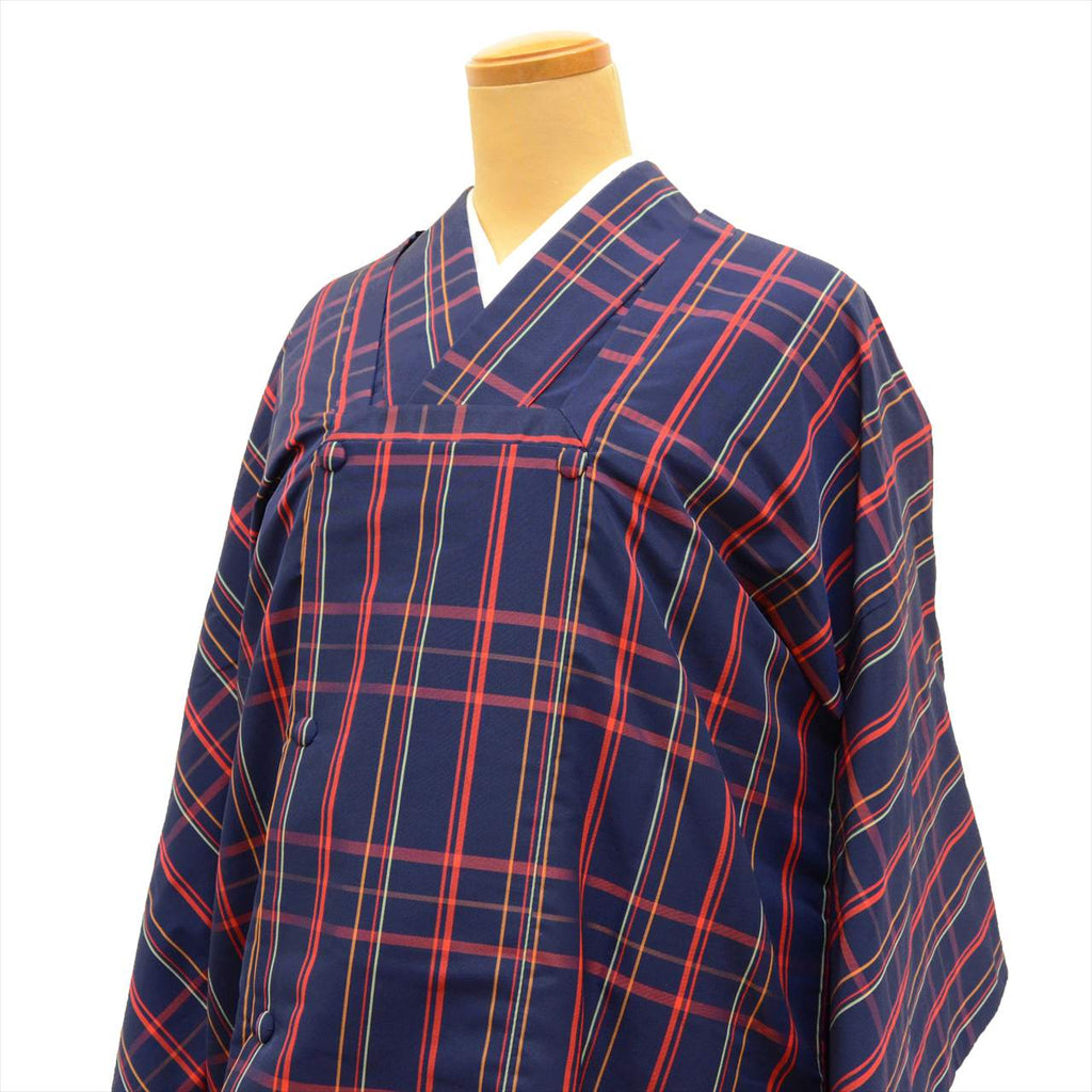 [Used] Recycled Kimono, Silk Kimono, Michiyuki Coat (Oshima Tsumugi style), Length 160.5cm (M), Sleeve Length 64.5cm, Ensemble, Synthetic Fiber, Navy Blue, Checkered Pattern, High Quality, Semi-Formal, Spring, Summer, Autumn, Winter, Ready-made 