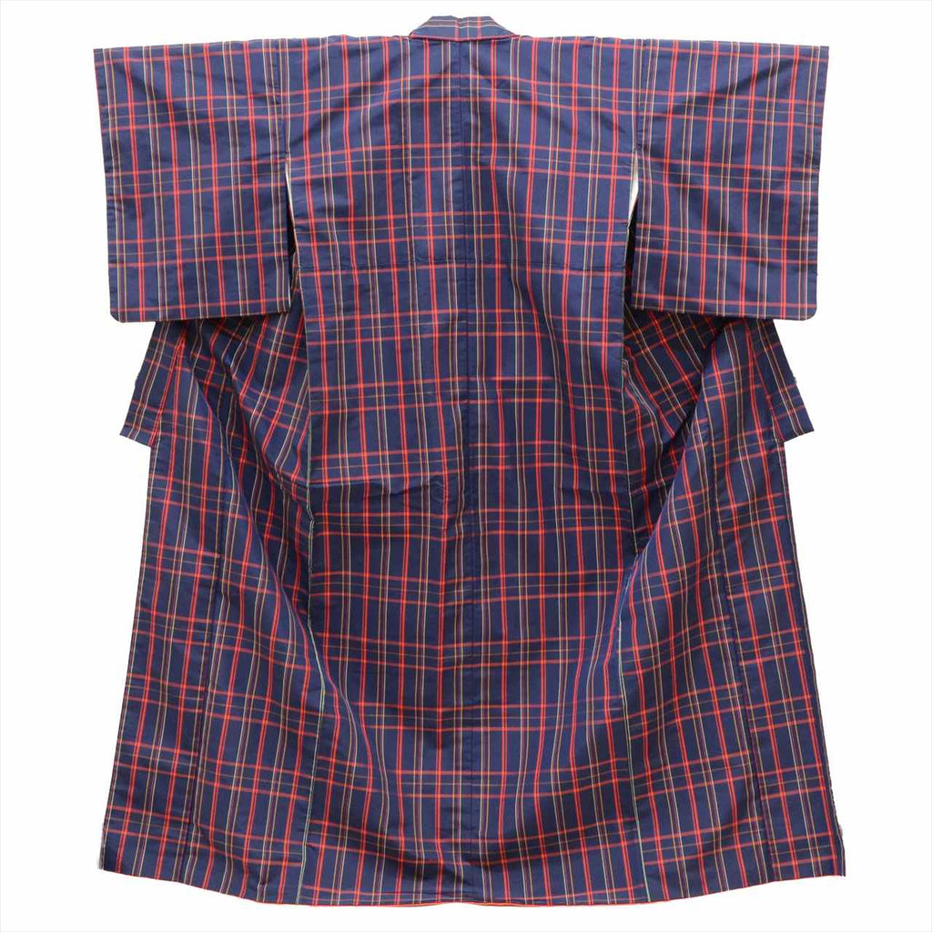[Used] Recycled Kimono, Silk Kimono, Michiyuki Coat (Oshima Tsumugi style), Length 160.5cm (M), Sleeve Length 64.5cm, Ensemble, Synthetic Fiber, Navy Blue, Checkered Pattern, High Quality, Semi-Formal, Spring, Summer, Autumn, Winter, Ready-made 
